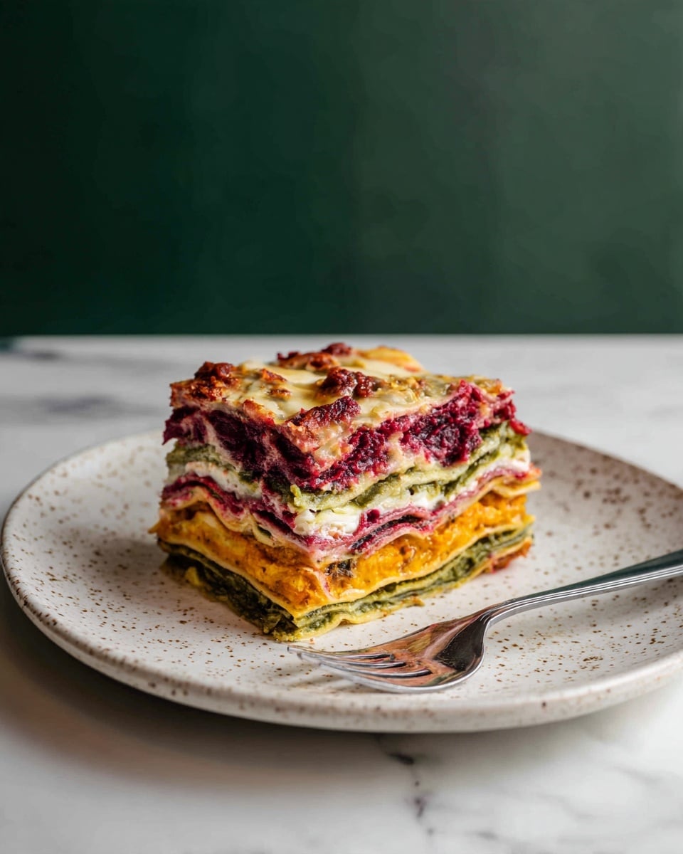 A slice of lasagna on a white speckled plate shows multiple colorful layers, starting with an orange layer at the bottom, followed by a green layer, then a yellow layer, and topped with a dark red layer that looks like beetroot or a similar vegetable. The texture of each layer is soft and moist, with the top layer slightly uneven and textured with small chunks. A silver fork rests beside the slice on the plate. The background is a white marbled surface with a dark greenish-grey blurred wall behind it. Photo taken with an iphone --ar 4:5 --v 7