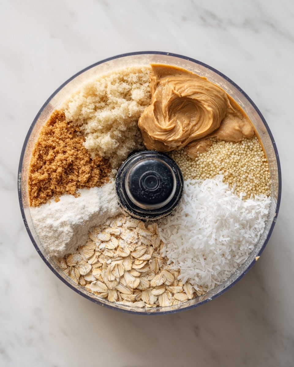 A close-up image of a food processor bowl with seven visible layers of ingredients arranged side by side in sections. Starting from the top right and moving clockwise: fluffy light tan cooked quinoa textured with small grains, finely shredded white coconut flakes with a soft texture, medium brown soft packed brown sugar, smooth light brown peanut butter, white powder likely flour, and flat rolled beige oats. The food processor's black central blade is seen in the middle. The bowl is transparent, showing all ingredients clearly, sitting on a white marbled surface. Photo taken with an iphone --ar 4:5 --v 7
