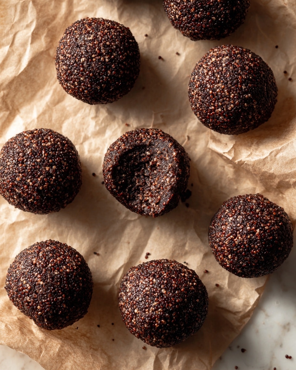 The image shows ten round, dark brown chocolate quinoa bites arranged on light brown crinkled paper. Each bite has a rough texture with visible quinoa grains tightly packed together. One bite near the center has a visible bite taken from it, showing the inside texture which is similar to the outside. The bites have a slightly glossy finish, making them look moist and chewy. The background is a white marbled surface with soft lighting highlighting the texture of the bites. photo taken with an iphone --ar 4:5 --v 7