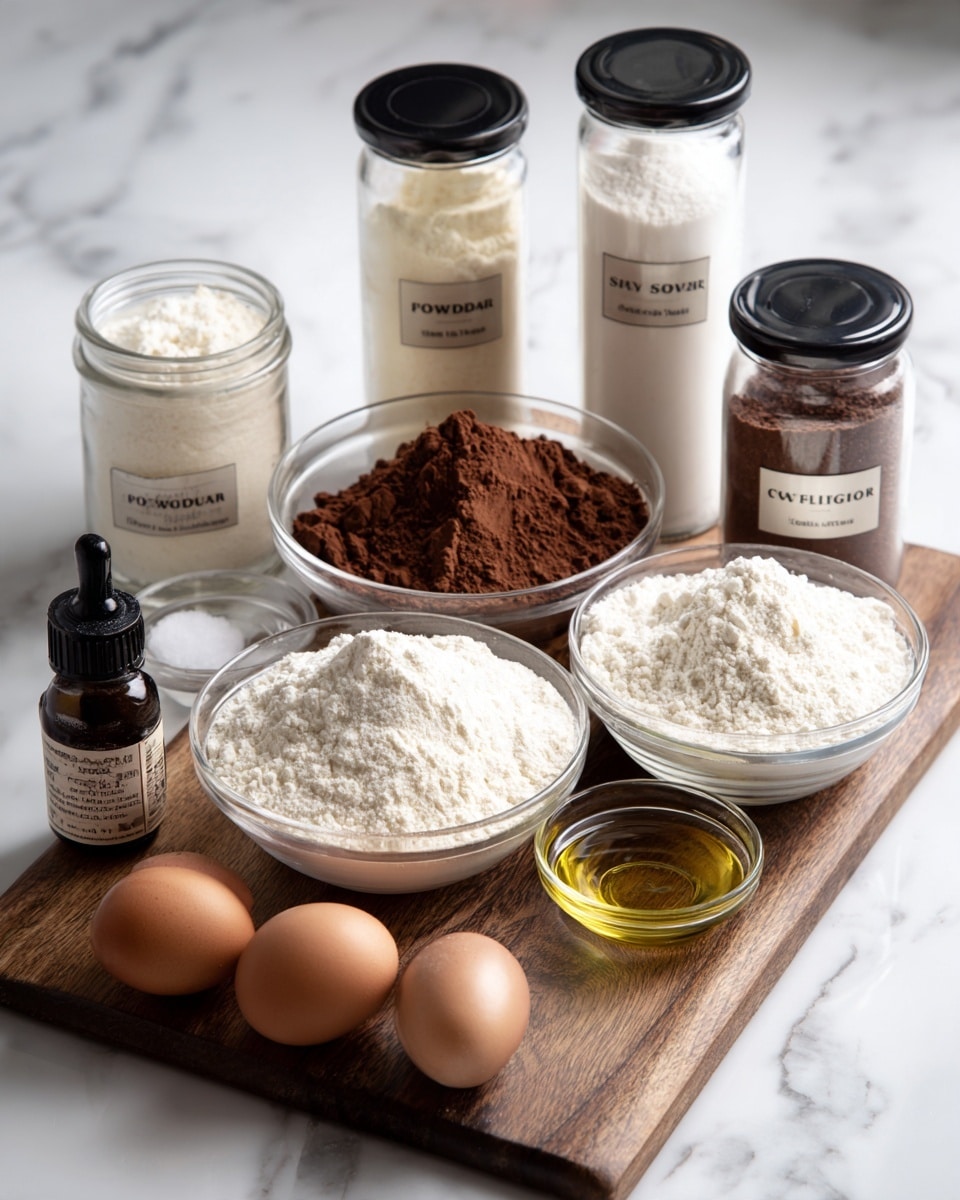 A wooden board holds several clear glass containers and bowls filled with baking ingredients. From left to right, there's a jar labeled powdered sugar with fine white powder inside, a bowl of light brown cocoa powder, a larger bowl of white flour in the center, a bowl filled with white granulated sugar, and a jar labeled cocoa powder on the right. Behind them, two tall jars are filled with white sugar and white flour, each with black labels. At the front, three brown eggs are placed beside a small container of dark vanilla extract and a bowl of clear cooking oil. The setting is on a white marbled surface. photo taken with an iphone --ar 4:5 --v 7