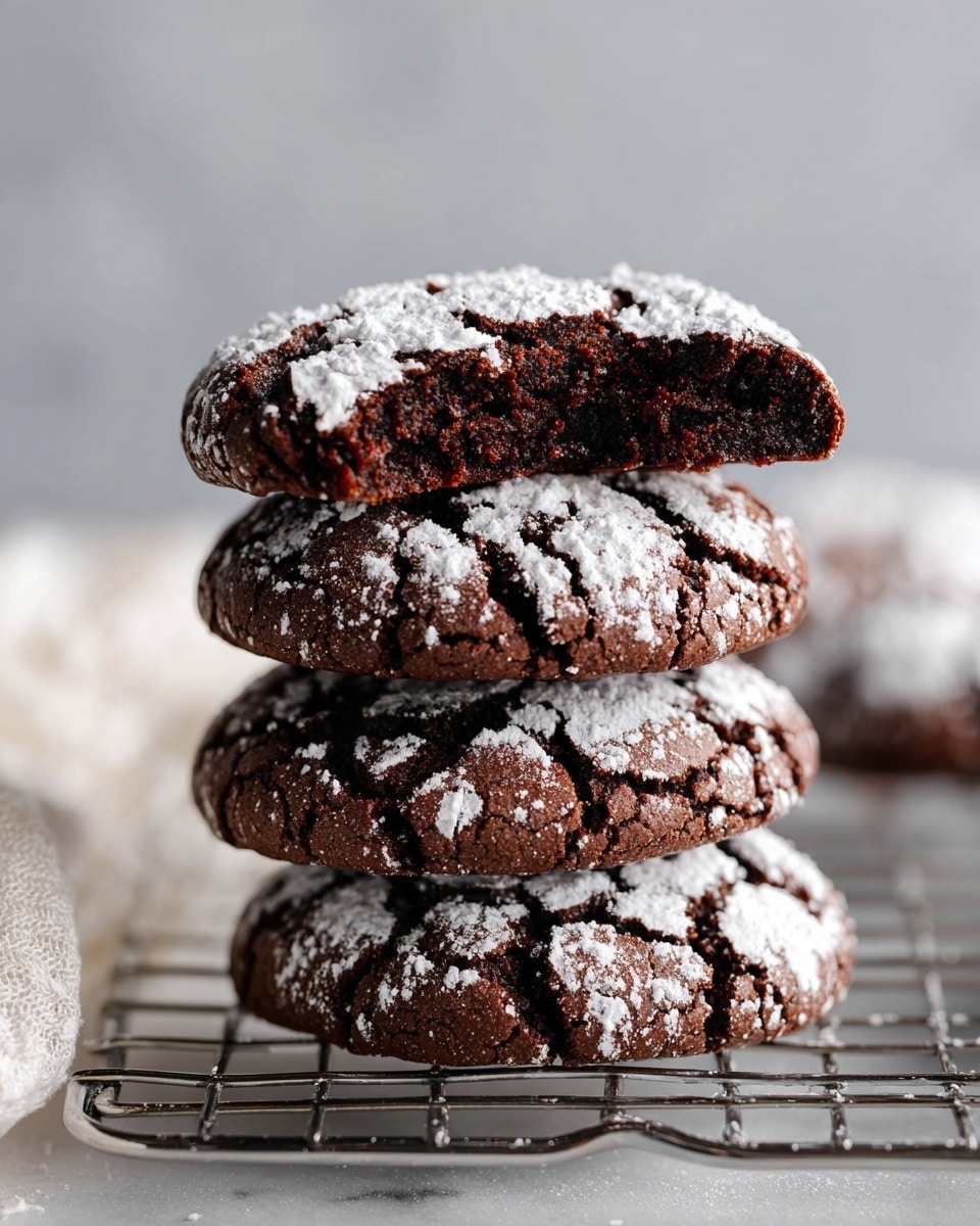 A stack of four chocolate cookies is shown, each with a cracked pattern and dusted with white powdered sugar, creating a contrast between the dark chocolate and the white lines. The top cookie is broken in half, revealing a soft, rich, dark brown interior. The cookies sit on a metal cooling rack with a white marbled texture background softly blurred behind it. A white fabric is partially visible in the bottom left corner. photo taken with an iphone --ar 4:5 --v 7