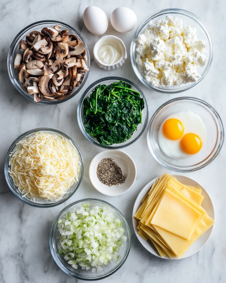 square image The image shows several clear glass bowls arranged on a white marbled surface. Starting from the top left, there is a bowl filled with chopped brown mushrooms, next to it a bowl of finely chopped green spinach, and to the right, a bowl full of white ricotta cheese. Below the spinach, there is a small white bowl with two raw eggs. Moving to the left side under the mushrooms, a bowl holds shredded mozzarella cheese. In the middle, there is a tiny white bowl containing ground black pepper and another small bowl with minced garlic. Below that, a larger bowl filled with finely chopped white onions is shown. To the far right, next to the eggs, are four uncooked yellow lasagna sheets placed in a neat stack on the white marbled surface. The whole setup brings out a clean, fresh look with varied textures and colors mainly in white, yellow, green, and brown tones. Photo taken with an iphone --ar 4:5 --v 7
