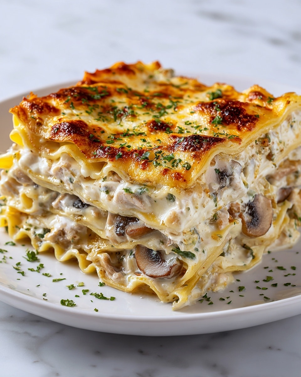 square image The image shows a close-up of a white plate with slices of lasagna layered neatly. The top layer is creamy and white with a golden brown toasted finish sprinkled with green herbs. Below the top layer, there are thin sheets of pasta with visible layers of mushrooms and a creamy white sauce mixed with small bits of green herbs. The lasagna edges are clearly defined, showing the slightly wavy pasta sheets holding the filling tightly. The background is a white marbled surface. photo taken with an iphone --ar 4:5 --v 7