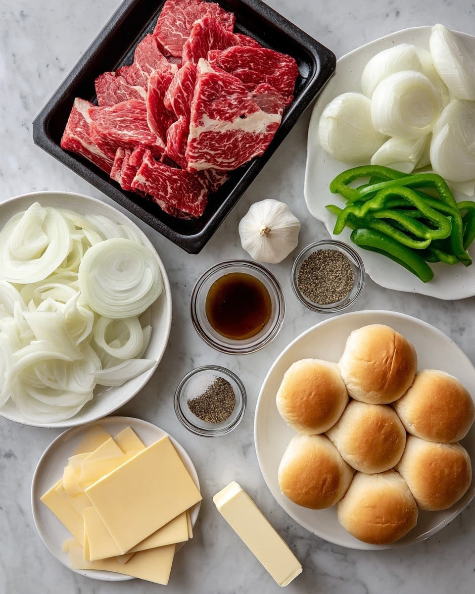 square image The image shows an arrangement of ingredients on a white marbled surface. On the left, there is a black tray filled with thin slices of raw red meat with white marbling. Next to it, a white round plate holds thinly sliced white onions on one side and sliced green bell peppers on the other. Below the plate, there is a whole white garlic bulb. In the center, a small clear glass bowl contains a dark brown liquid, while another small clear bowl holds a mix of black pepper and salt. A stick of butter in its wrapper lies horizontally next to a pack of soft, golden brown dinner rolls arranged in a 3x4 grid. In the bottom left corner, a white plate holds several round, thin slices of pale yellow cheese stacked neatly. Photo taken with an iphone --ar 4:5 --v 7