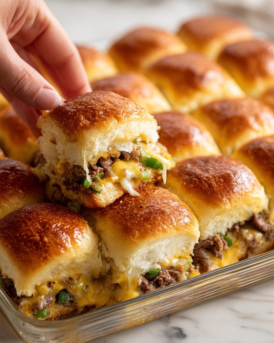 square image This image shows a close-up of a tray filled with soft, shiny sliders arranged tightly in three rows. Each slider has a top layer of golden brown, glossy bread with a slightly cracked texture and bits of toasted onion on top. Below the bread layer, there is a middle layer filled with thin slices of cooked beef and melted cheese, mixed with green peppers peeking out. The sliders sit in a clear tray that is set on a white marbled surface, with a woman's hand pulling one slider away from the group on the bottom left corner. The whole scene looks warm and soft with an inviting texture. photo taken with an iphone --ar 4:5 --v 7