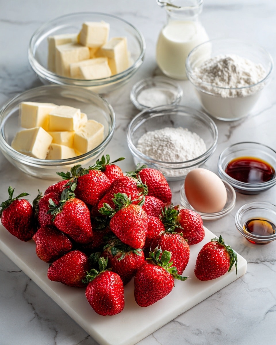 square image A white rectangular cutting board filled with fresh, bright red strawberries with green leaves on top is placed on a white marbled surface. Around it, several clear glass bowls hold different baking ingredients: one with cubed pale yellow butter, another with white granulated sugar, one with white flour, and small bowls containing white powder and dark brown vanilla extract. There is also a single white egg and two small glass measuring jugs, one filled with milky white liquid and the other with a translucent liquid. The scene is well lit, and everything is neatly arranged. photo taken with an iphone --ar 4:5 --v 7