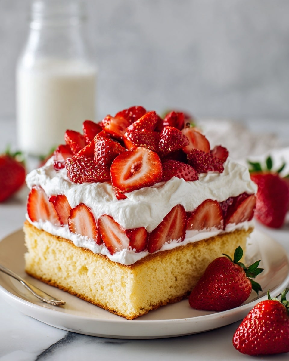 square image The image shows a two-layer sponge cake on a white plate placed on a white marbled surface. The bottom layer is a thick golden-brown cake topped with a thick layer of white whipped cream mixed with sliced strawberries. The top layer is another thick golden-brown cake covered with a large, fluffy layer of white whipped cream. The whipped cream layer has many bright red, sliced strawberries arranged on top, with some whole strawberries scattered around the plate. In the background, there is a clear glass bottle filled with milk. The photo was taken with an iphone --ar 4:5 --v 7
