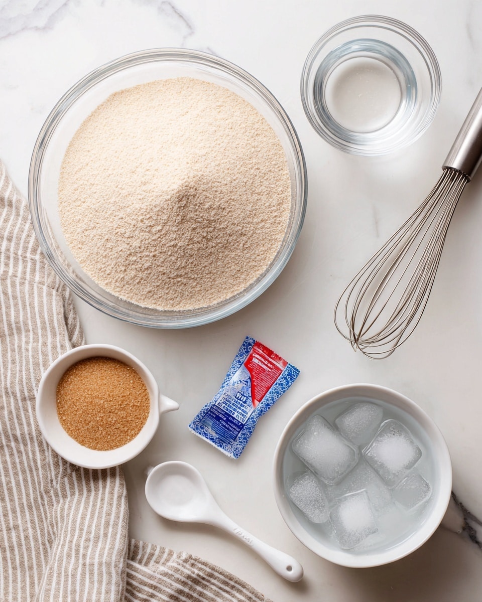 square image A clear round bowl filled with a large pile of light beige flour sits near the top center, with a white measuring cup placed on the flour surface. Below the bowl, there is a small white bowl filled with light brown sugar, next to a white spoon. A packet of dry yeast with red, white, and blue colors lies flat beside the sugar bowl. To the right, a small white glass bowl contains clear liquid, and next to it is a metal whisk. At the bottom right, a large white bowl is filled with ice water, showing clear ice cubes floating inside. A beige and white striped cloth is partly visible at the bottom center. All items rest on a white marbled surface. photo taken with an iphone --ar 4:5 --v 7