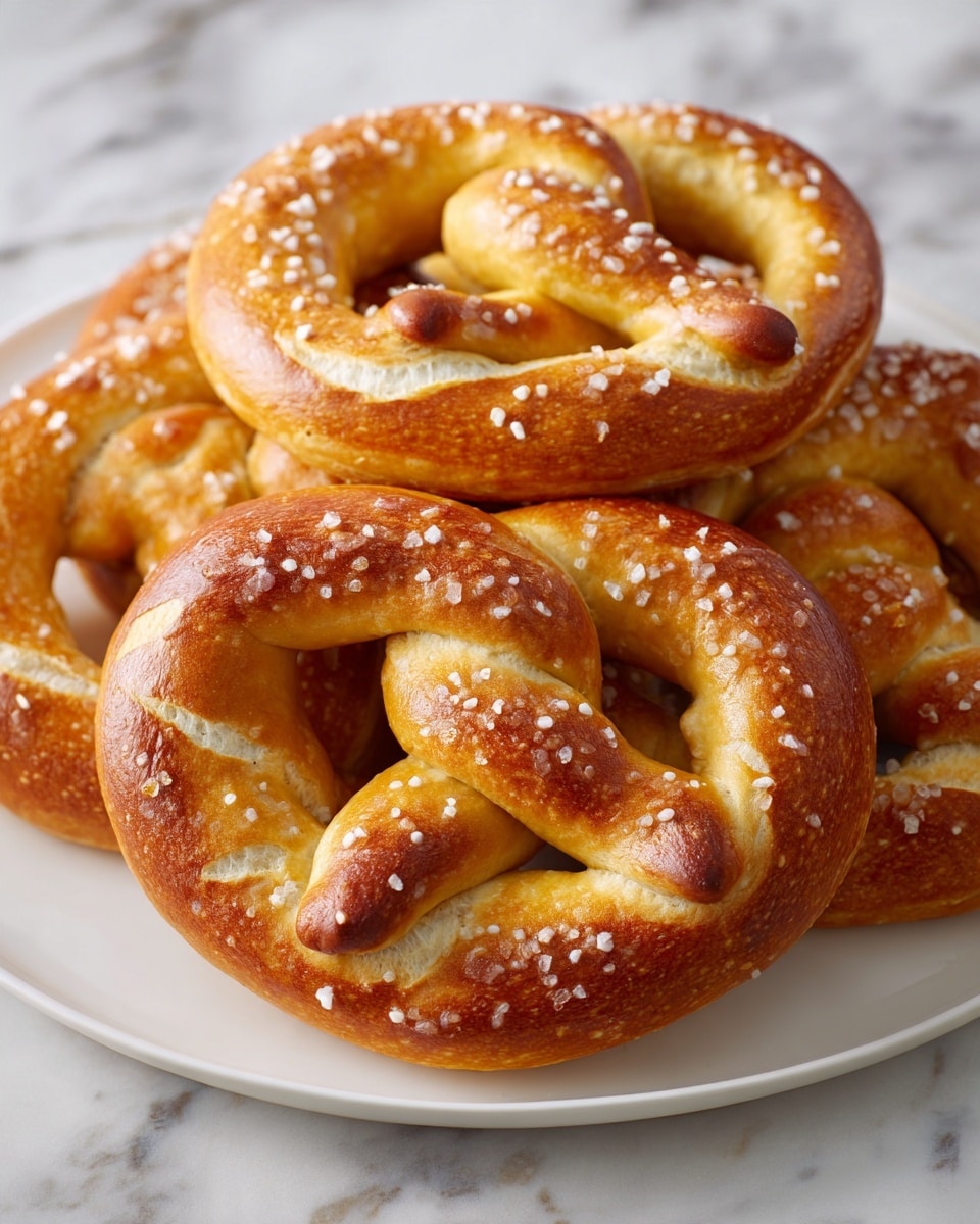 square image The image shows a close-up of a white plate filled with several large, golden-brown pretzels. Each pretzel has a shiny, smooth surface with a slightly crispy texture and is sprinkled with coarse salt crystals. The pretzels have classic twisted shapes, with thick, rounded loops and knotted centers, stacked slightly over each other on the plate. The background is a white marbled surface, adding a clean and bright look to the scene. photo taken with an iphone --ar 4:5 --v 7