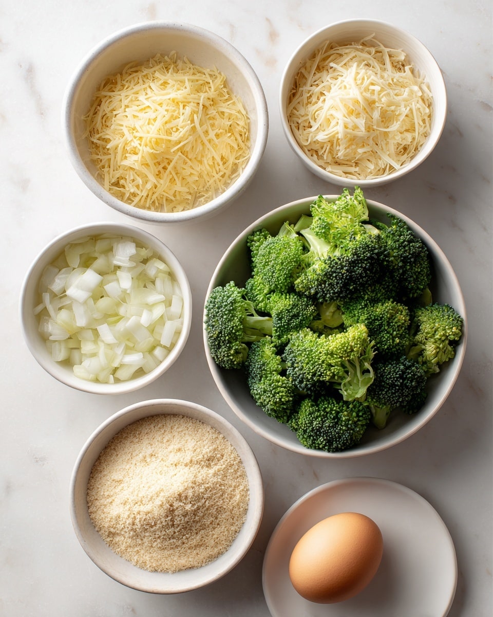 square image There are five white bowls on a white marbled surface, each holding different ingredients. The top right bowl contains bright green broccoli florets with a rough texture. To the left, a bowl is filled with thin, pale yellow shredded cheese. Below the broccoli is a bowl with fine, light beige crumbs that look soft and powdery. At the bottom left, a bowl holds small, white pieces of chopped onion, smooth and slightly shiny. In front of the bowls is a single, smooth brown egg and a small white plate with a pale yellow powder. photo taken with an iphone --ar 4:5 --v 7
