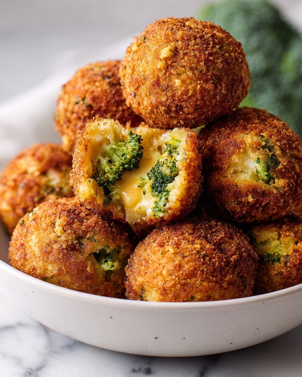 square image A close-up view of several round, crispy golden-brown fried balls stacked in a white bowl with a small one broken open on top showing bright green broccoli and a creamy, light yellow cheese filling inside. The outside texture looks crunchy and crumb-coated. The background is slightly blurred with green broccoli visible, all placed on a white marbled surface. photo taken with an iphone --ar 4:5 --v 7