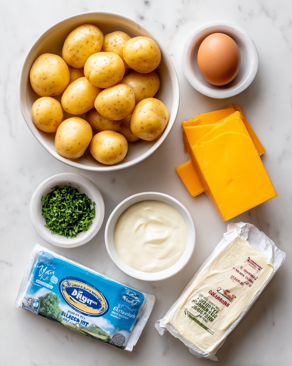 square image The image shows a white marbled surface with seven ingredients arranged neatly. In the top left corner is a white bowl filled with small round yellow potatoes. To the right of it, there is a small white bowl holding one whole egg. Below the potato bowl is a small white bowl containing chopped green herbs. Next to it in the middle of the surface is a small white bowl with a light cream liquid. Next to the bowls in the top right are four packets and blocks lined up: a ranch seasoning packet, a round container of sour cream with a blue and white lid, a block of butter wrapped in white paper with red lettering, and a block of sharp cheddar cheese in orange color with white paper. The image is bright and clear, with a clean white marbled background. Photo taken with an iphone --ar 4:5 --v 7