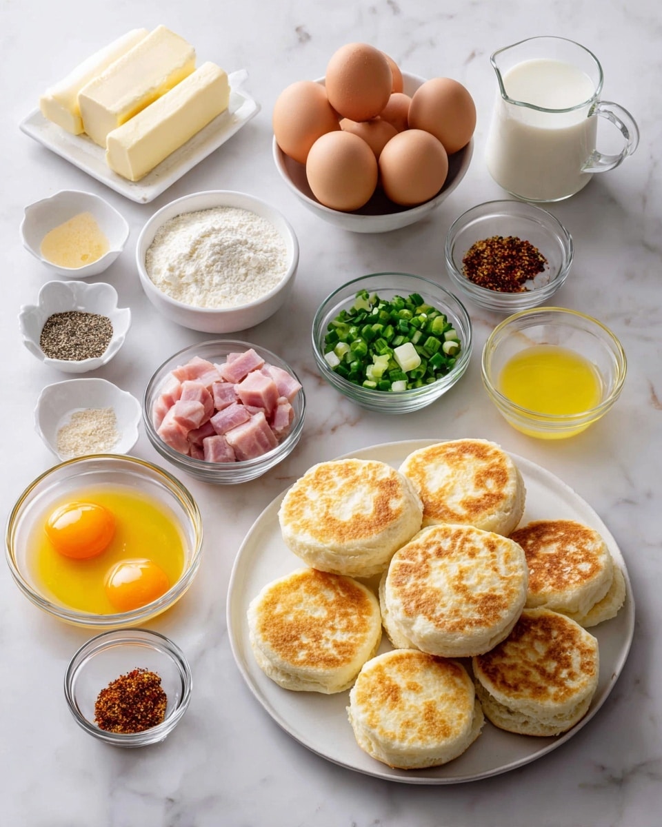 square image The image shows ingredients neatly arranged on a white marbled surface. In the center right, there is a white plate stacked with six golden-brown English muffins, each showing a toasted, rough texture on top and smooth white sides. Around the plate are several small clear glass bowls: one with bright orange egg yolks, another with pink chunks of ham, one with chopped green onions, and one small bowl with a yellow liquid. A clear glass measuring cup filled with white milk is placed near the center. To the left side, a white bowl holds six brown eggs with smooth shells, next to three stacked sticks of butter wrapped in paper. Small bowls of spices and condiments, including black pepper, reddish spice, yellow mustard, a white powder, and oil, are placed in a semicircle framing the main items. The careful, clean layout creates a clear, bright, and fresh visual. photo taken with an iphone --ar 4:5 --v 7