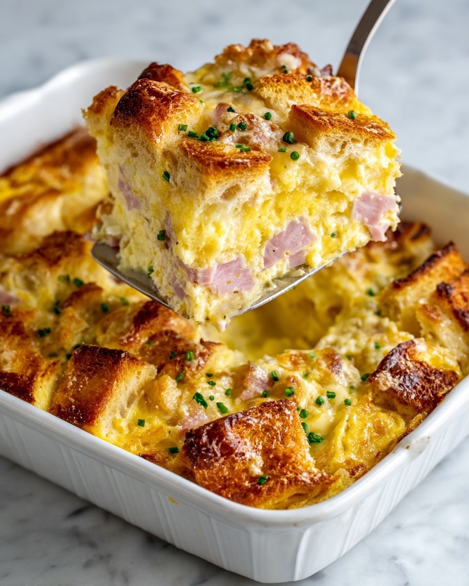 square image The image shows a white square baking dish filled with a layered baked casserole that has golden-brown toasted bread pieces on top. The dish has visible layers including soft creamy yellow egg custard mixed with small pink cubes of ham spread throughout. The top layer looks slightly crisp and browned with some melted cheese and small green chives sprinkled on top. A shiny metal spatula holds a square piece of the casserole above the dish, showing the thick, soft, and well-baked texture inside. The dish sits on a white marbled surface. Photo taken with an iphone --ar 4:5 --v 7