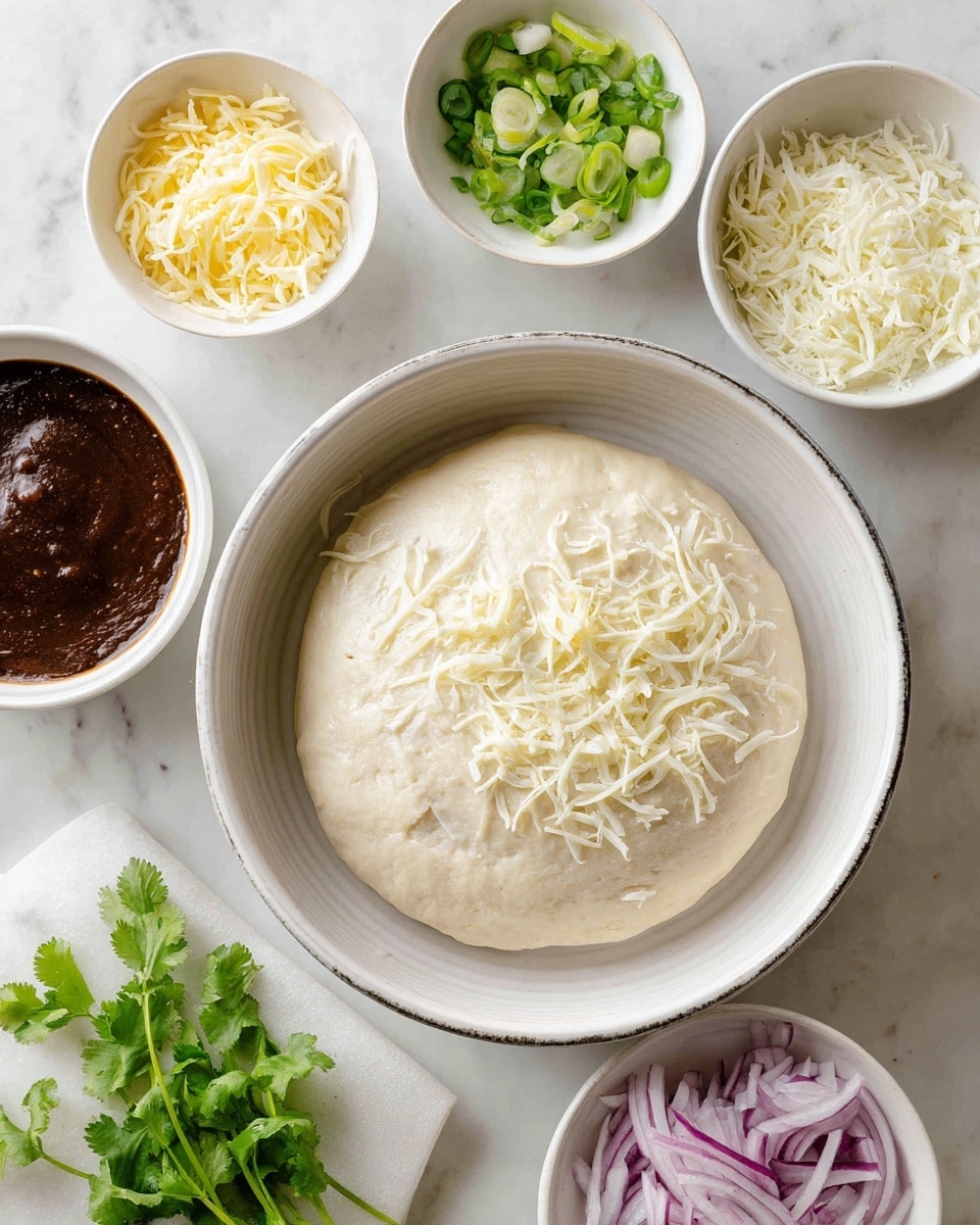 square image A white round dough laid flat in the center of a white bowl with a silver rim. Around the bowl, there are six small white bowls on a white marbled surface: one holds shredded light yellow cheese, one has a thick dark brown sauce, another contains shredded white cheese. One bowl contains finely sliced green onions, another has thin slices of purple-red onion, and the last one is filled with coarse, shredded light brown meat. There are also a few sprigs of fresh green cilantro on a small white dish near the bottom left of the image. The setup looks ready for assembling a delicious dish. photo taken with an iphone --ar 4:5 --v 7