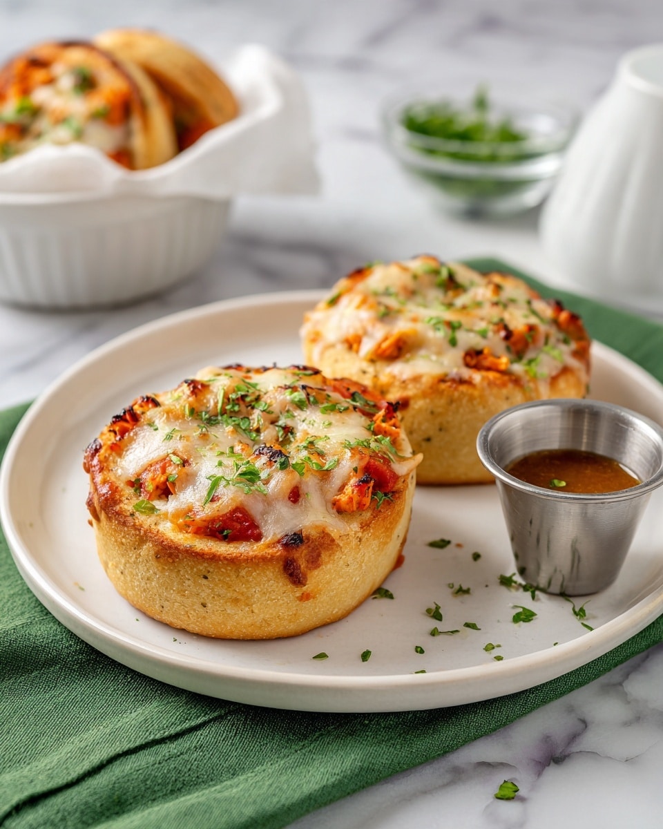 square image The image shows two pizza rolls on a round white plate with a side of brown dipping sauce in a small metal cup. Each pizza roll has three visible layers: a base layer of light golden dough, a middle layer of red tomato sauce mixed with small pieces of orange chicken, and a top layer of melted white cheese sprinkled with green herbs. The texture of the dough looks soft and slightly toasted at the edges. The plate sits on a white marbled surface, with a green cloth napkin underneath. In the background, there is a white bowl filled with more pizza rolls and a small clear glass bowl with green herbs. Photo taken with an iphone --ar 4:5 --v 7
