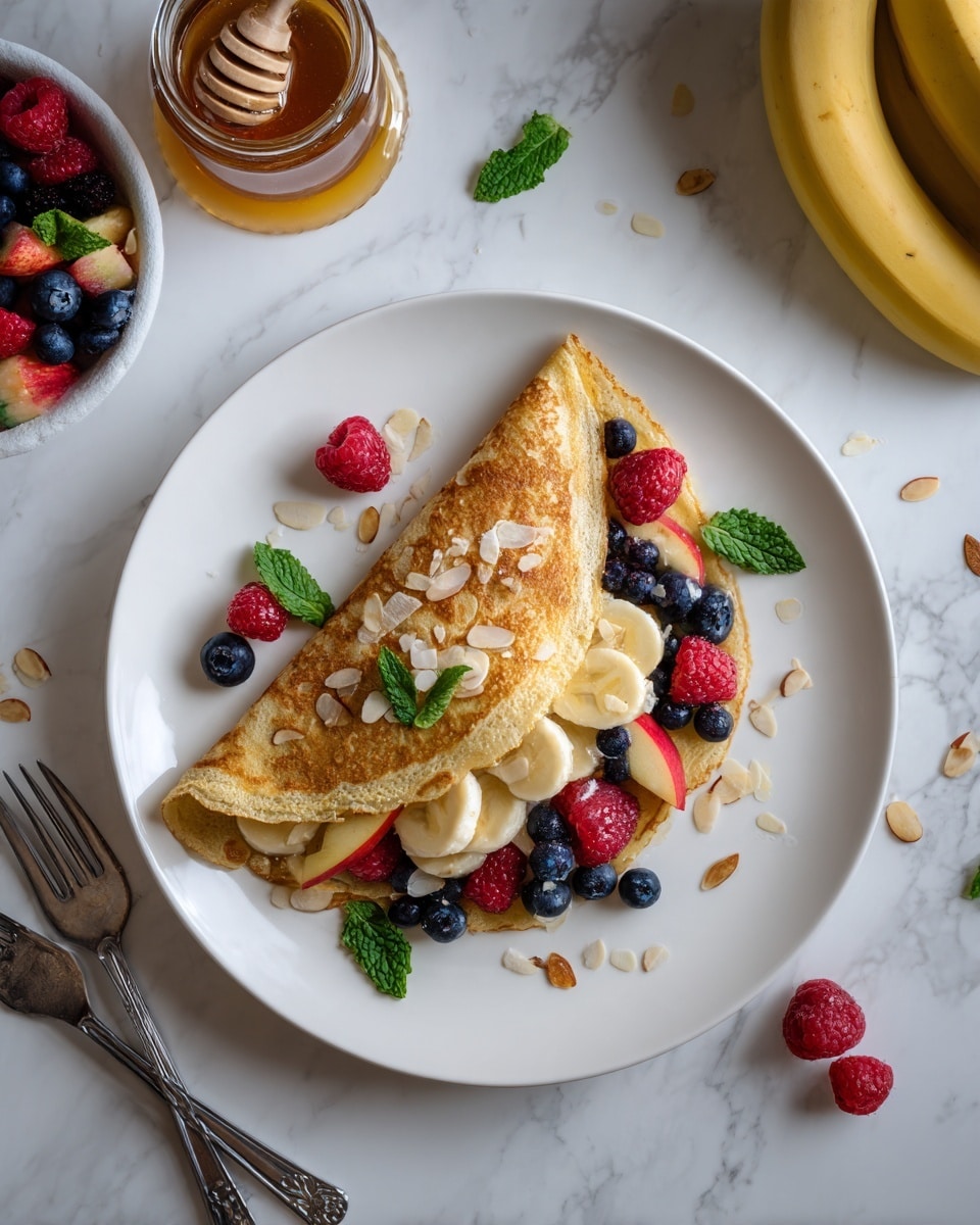 A folded golden brown pancake rests on a white plate, with a visible layer of sliced bananas, apple slices, raspberries, and blueberries spilling out from the open side. On top of the pancake are more banana slices, a few almond flakes, and small green mint leaves. Around the pancake on the plate are extra pieces of banana, apple, raspberries, and blueberries. The scene is set on a white marbled surface with a jar of honey with a dipper inside, a bunch of bananas to the right, and a white bowl of mixed fruit to the left. A fork and knife lay side by side near the plate. photo taken with an iphone --ar 4:5 --v 7