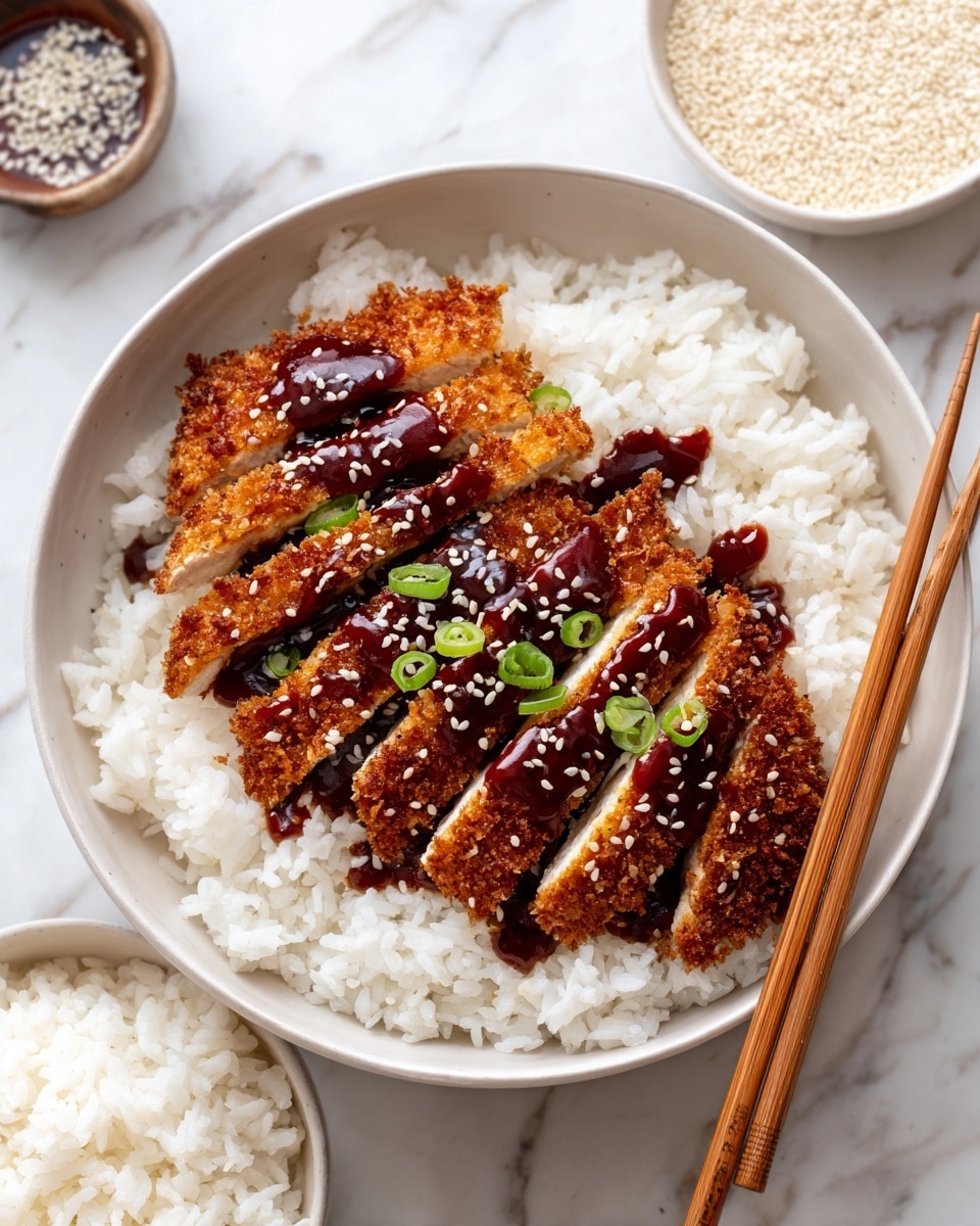 In a shallow white bowl filled with fluffy white rice, five evenly sliced pieces of golden brown crispy fried chicken are placed on top. The chicken slices are covered with a rich dark reddish-brown sauce, sprinkled with white sesame seeds and thinly sliced light green scallions. The bowl rests on a white marbled surface, with a pair of light wooden chopsticks on the right edge of the bowl. In the background, there are two smaller white bowls, one with white rice and the other with white sesame seeds. Photo taken with an iphone --ar 4:5 --v 7