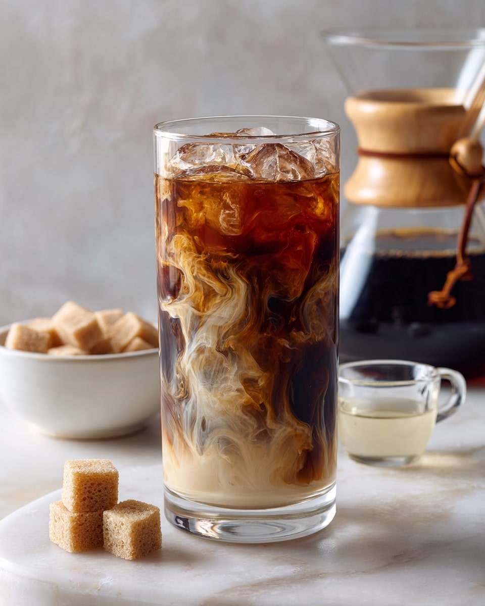 A clear tall glass filled with iced coffee showing three main layers: the bottom layer is light cream color with smooth swirling texture, the middle layer is a mix of cream and dark coffee creating soft marble patterns, and the top layer is dark brown coffee with chunks of ice floating on top. In the background, there is a white bowl with light brown sugar cubes and a white marbled surface under the glass. To the right, there is a glass coffee pot with dark coffee inside and a wooden handle, and a small glass measuring cup with light-colored liquid behind the glass. Photo taken with an iphone --ar 4:5 --v 7