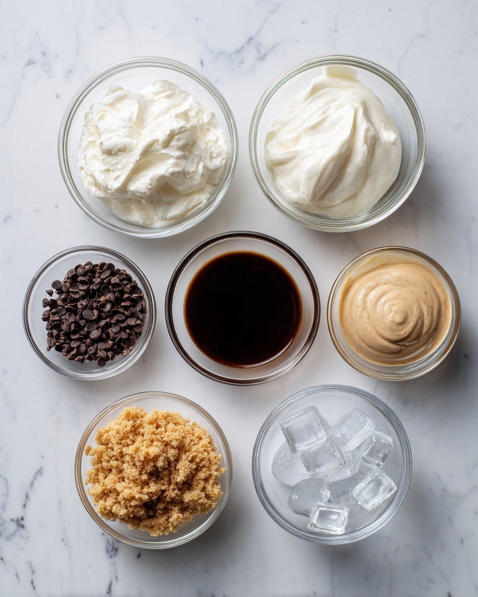 The image shows seven clear glass bowls arranged neatly on a white marbled surface. The top row has three bowls: the first with thick white yogurt, the second with white cream or milk, and the third with a thick dark brown liquid, probably coffee or syrup. The bottom row has four bowls: the first with light brown crushed nuts, the second with small dark chocolate chips, the third with a small amount of light brown liquid, and the fourth with clear ice cubes. The bowls are simple and round, each showing the texture and color of the ingredients clearly. photo taken with an iphone --ar 4:5 --v 7