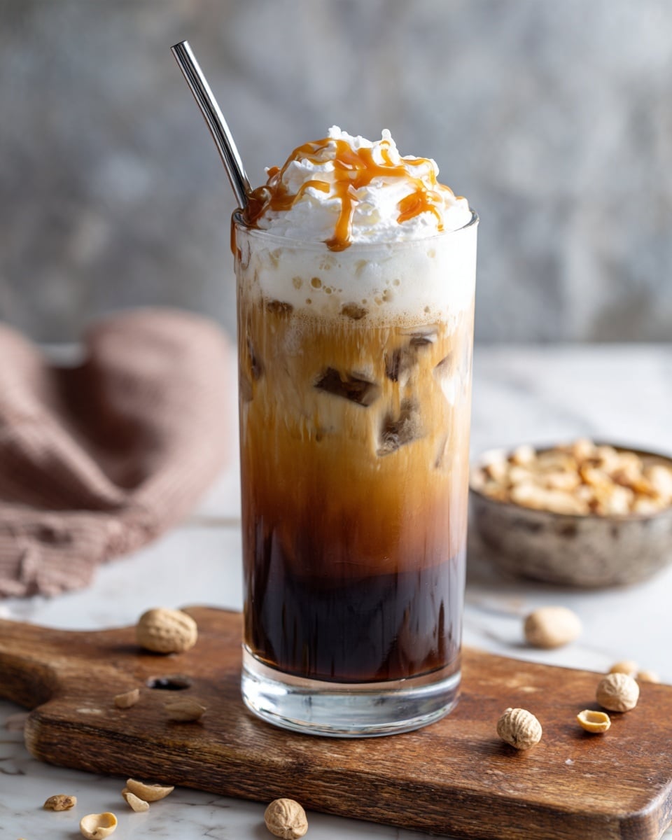 A tall clear glass filled with iced coffee shows three layers: the bottom layer is dark brown coffee, the middle layer is light brown coffee mixing with milk and ice cubes, and the top layer is fluffy white whipped cream with caramel sauce drizzled on it. A metal straw stands inside the glass. The glass sits on a wooden board with scattered peanuts around it, and the background has a blurred cozy setting. The surface underneath is a white marbled texture. Photo taken with an iphone --ar 4:5 --v 7
