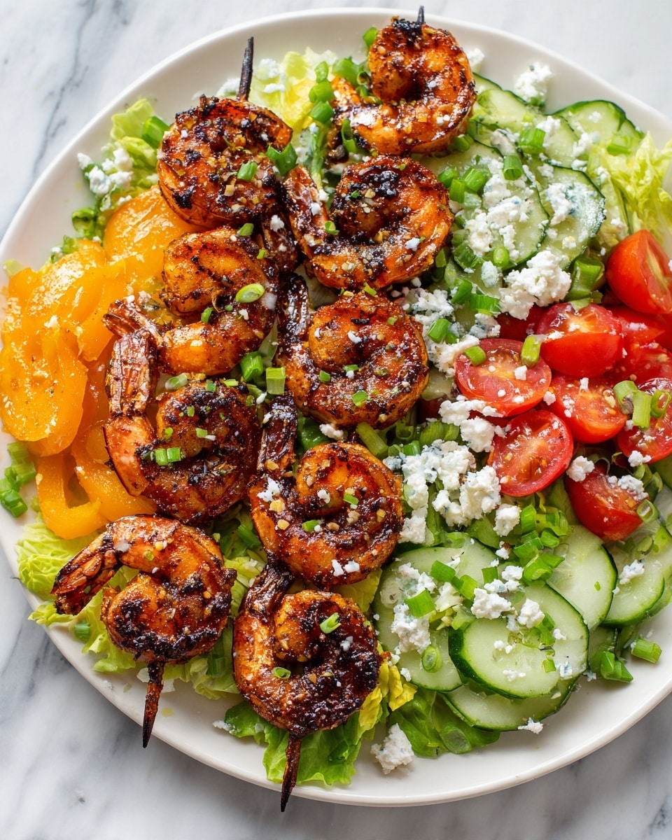 Two skewers of grilled shrimp with a slightly charred and seasoned look lie across a white plate filled with a colorful salad. The salad has a base of green lettuce, bright red cherry tomato halves on the right, slices of light green cucumbers, chopped green onions on the top right, and roasted orange bell pepper strips on the top left. White crumbled cheese is scattered over the salad, with some pieces on the shrimp as well. The plate sits on a white marbled surface. The colors of the food layers contrast well, showing textures from crisp vegetables to juicy shrimp. Photo taken with an iphone --ar 4:5 --v 7