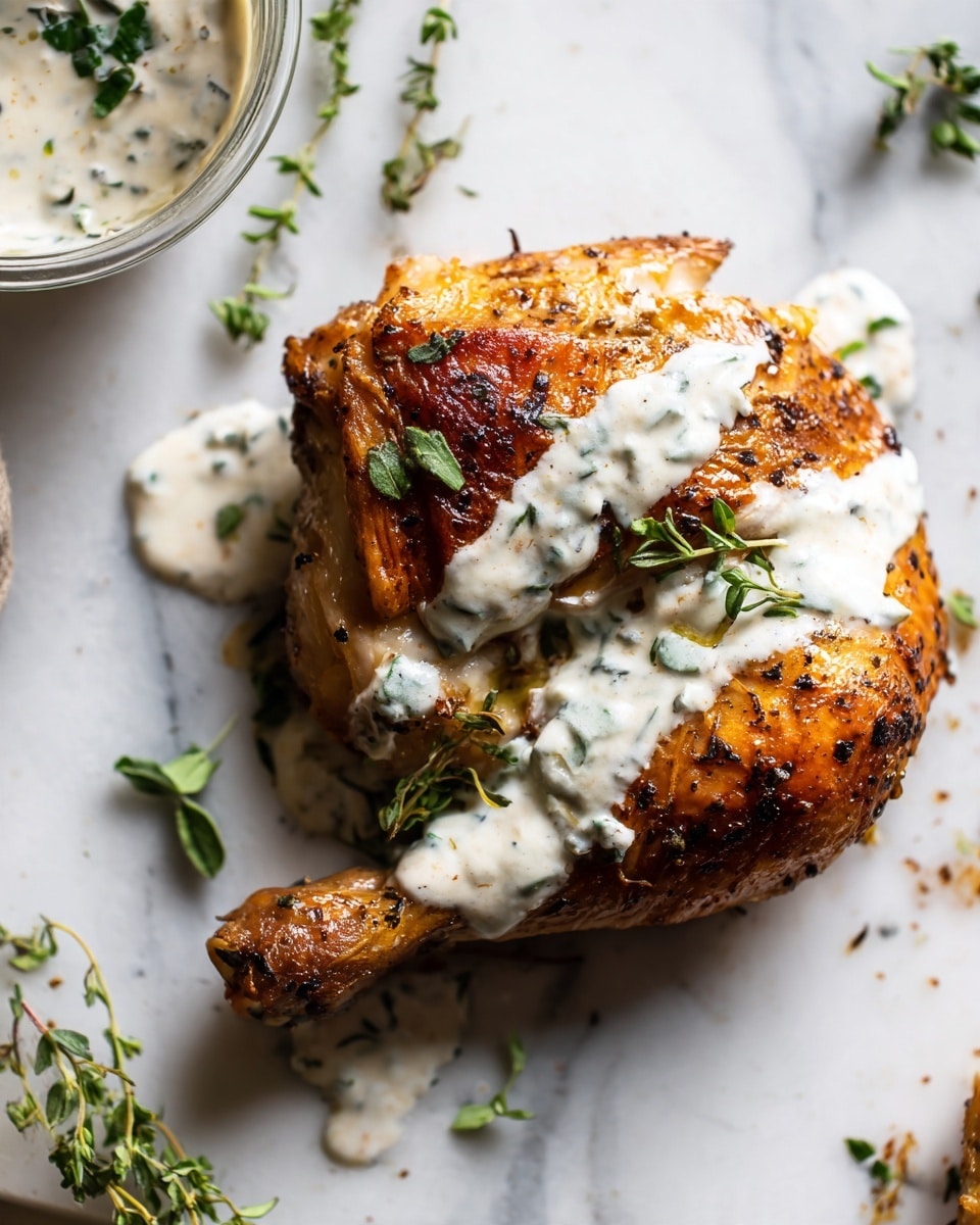 A piece of cooked chicken leg with a crispy brown skin sits on a white marbled surface. The chicken is topped with four thick stripes of creamy white sauce that has small black specks. Small green herb leaves are scattered on the sauce and around the chicken. To the left, a woman’s hand is holding a clear glass bowl with some green herbs visible inside. The background shows the white marbled texture with some scattered green herbs. photo taken with an iphone --ar 4:5 --v 7