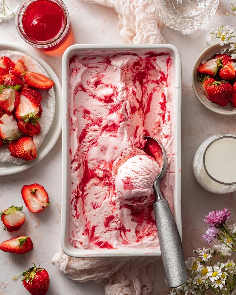 The image shows a rectangular white tray filled with pink strawberry ice cream that has red syrup swirled throughout the top layer in a marbled pattern. There is one scoop of ice cream taken out near the bottom center of the tray, with a scoop tool placed diagonally across the ice cream. The texture of the ice cream looks smooth and creamy with visible small red strawberry bits mixed in. Around the tray, there are whole and sliced strawberries on a white plate and white marbled surface, a glass cup, a small bowl of red sauce, and a near empty glass of milk. The setting has a soft, light, and fresh feel with a flower arrangement on the right. Photo taken with an iphone --ar 4:5 --v 7