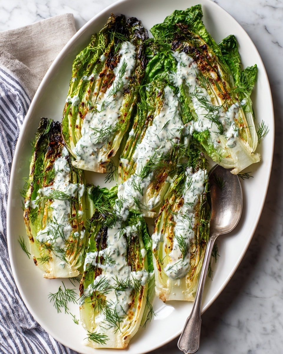 The dish shows a white oval plate filled with six grilled romaine lettuce halves, each with a charred, dark brown and green texture, arranged side by side filling the plate lengthwise. The grilled lettuce has a shiny moist look with slight crispiness at the edges. A creamy white sauce, speckled with green herbs, is drizzled evenly over the top of the lettuce, with some fresh finely chopped dill sprinkled on it. A silver spoon is placed on the right side of the plate, resting on the edge. The plate sits on a white marbled surface with a striped cloth partially visible on the bottom left. photo taken with an iphone --ar 4:5 --v 7