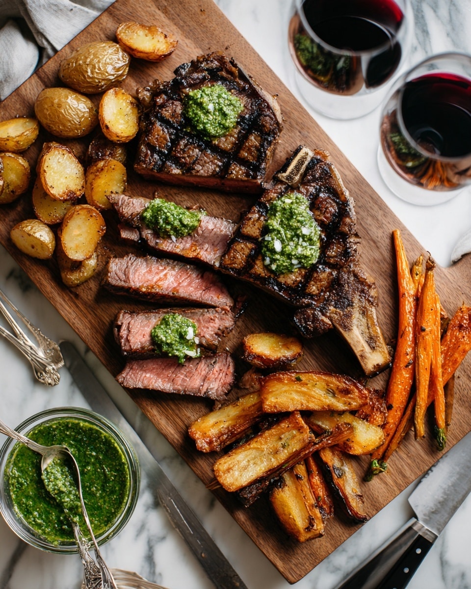 A wooden board on a white marbled surface holds a grilled steak with grill marks and a bone on one side; the steak is sliced at the bottom to reveal a pink center, showing it is cooked medium-rare. The steak has a bright green pesto sauce dolloped on top in two places. Surrounding the steak are golden-brown roasted potatoes and slices of roasted carrots that have a slightly crispy texture. To the left of the steak, there is a small glass bowl filled with bright green pesto sauce, with a spoon resting beside it dipped in the sauce. Nearby on the white marbled surface, a glass of dark red wine and a fork and knife with black handles are placed, with a woman's hand holding the fork. The photo is taken with an iphone --ar 4:5 --v 7