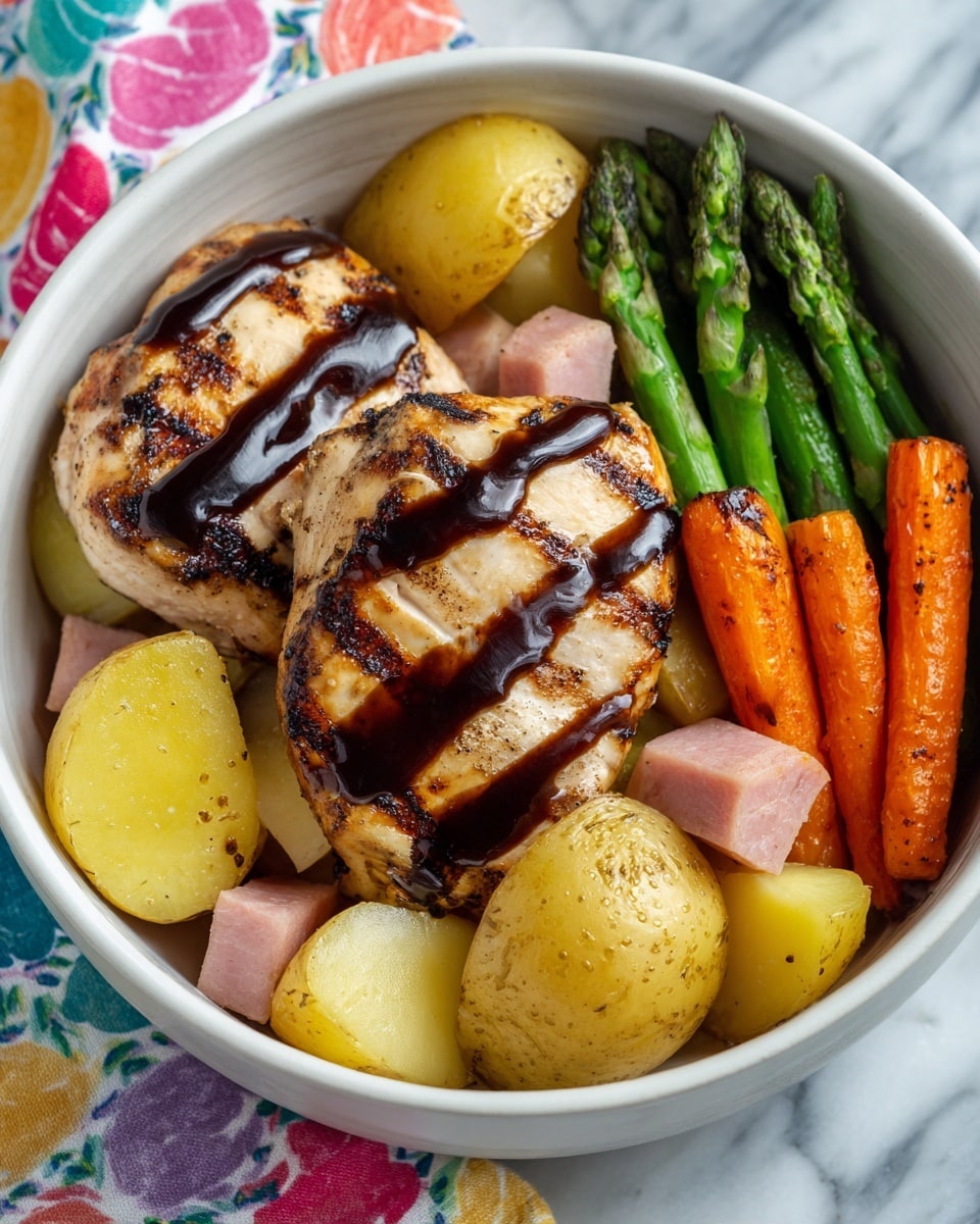 A white bowl filled with two pieces of grilled chicken on top, drizzled with dark brown sauce in stripes. Around the chicken, there are baby carrots in orange with a charred look, light yellow potato chunks with some grill marks, green asparagus spears, and pieces of ham with a pinkish hue and slight grill marks. The bowl sits on a white marbled surface with a colorful cloth partially visible under it. Photo taken with an iphone --ar 4:5 --v 7