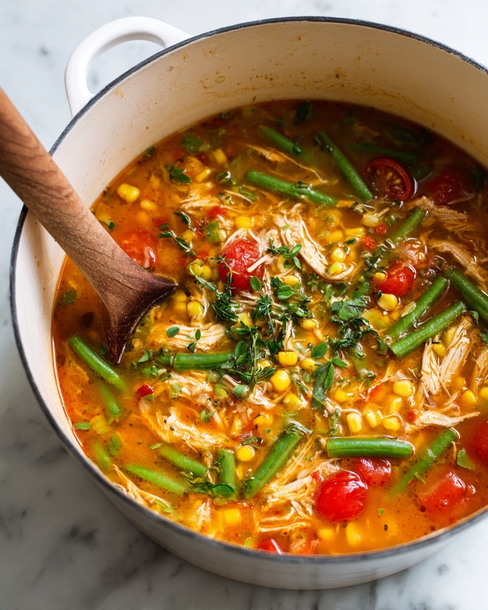 The image shows a close-up of a white pot filled with a colorful soup. The soup has many layers: an orange-red broth base with visible pieces of shredded light yellowish chicken, bright green beans, yellow corn kernels, halved cherry tomatoes, and small green herbs sprinkled on top. A wooden spoon is partly visible on the left side, stirring the soup. The pot is placed on a white marbled surface. The whole scene looks fresh and vibrant, showing a mix of colors and textures in the soup photo taken with an iphone --ar 4:5 --v 7