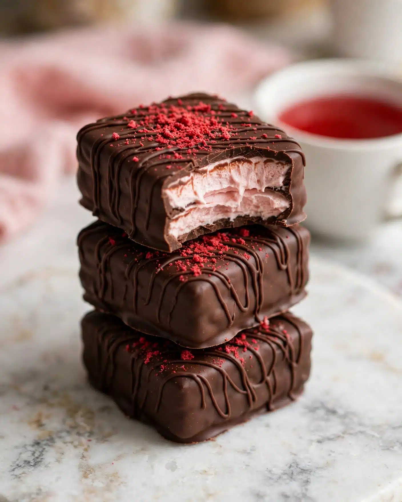 A stack of three square chocolate-covered treats sits on a white marbled surface. Each treat is coated in smooth dark chocolate with thin chocolate drizzles creating a textured pattern on top. The top piece has a bite taken out, showing a soft, light pink filling inside. The top surface of the treats is sprinkled with bright red powder, adding contrast to the dark chocolate. In the background, there is a blurred, soft pink cloth and a white cup filled with red liquid, giving the setting a warm, cozy feel. photo taken with an iphone --ar 4:5 --v 7