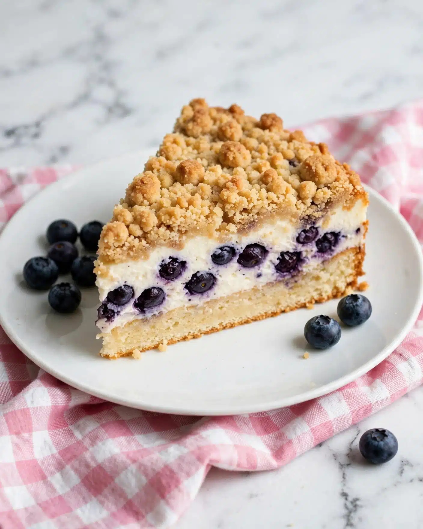 Sherry's Blueberry Cream Cheese Crumb Cake Recipe 5 A slice of blueberry crumb cake sits on a white plate with a pink and white cloth underneath. The cake has three layers: a golden crumbly top layer with small crisp chunks, a middle creamy white layer with many dark purple blueberries, and a light golden bottom layer that looks soft. A few fresh blueberries rest on the plate beside the slice. The scene is set on a white marbled surface. Photo taken with an iphone --ar 4:5 --v 7
