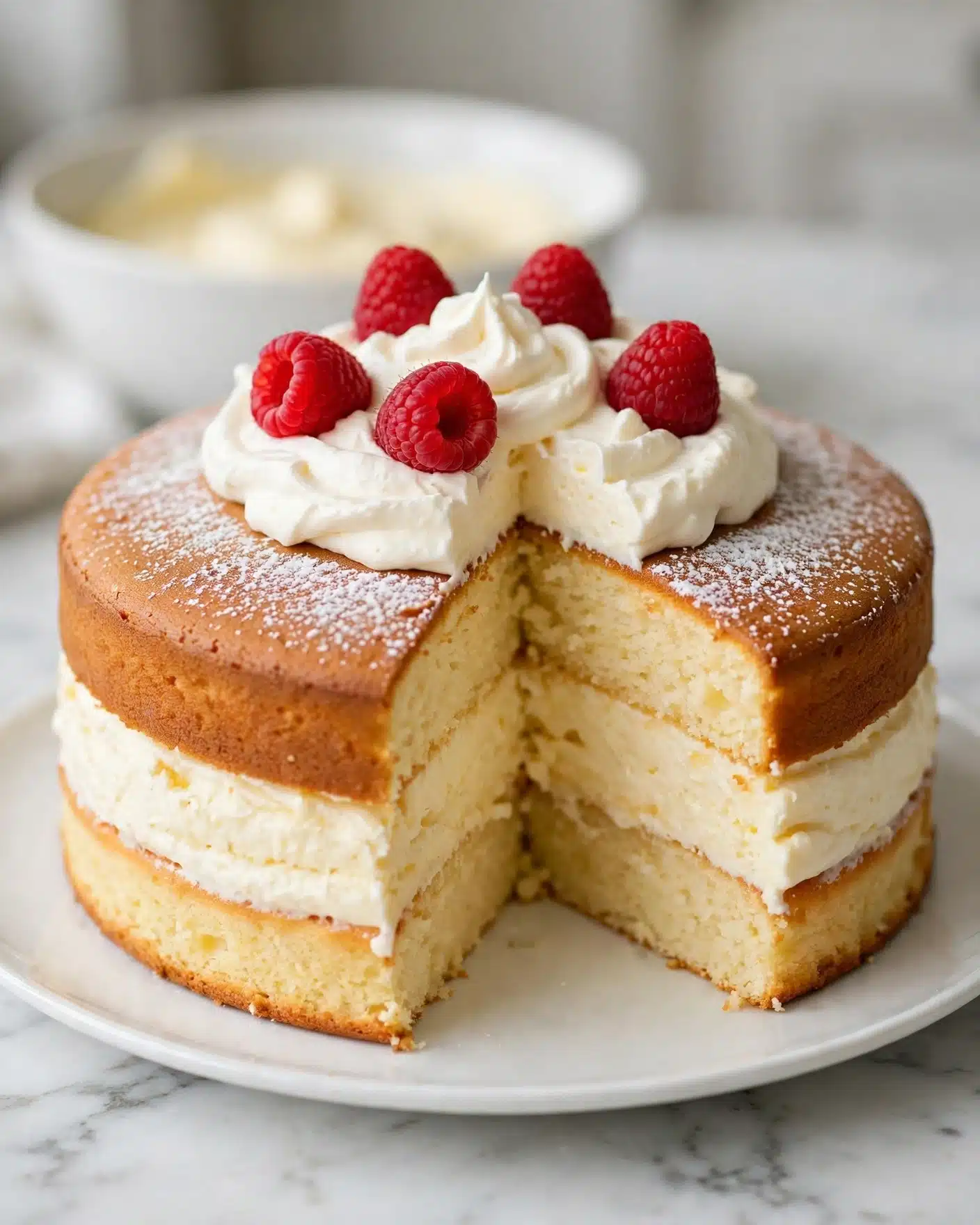 A soft, thick cream cake with three visible layers sits on a white plate. The top layer is golden brown and smooth, dusted lightly with powdered sugar. The middle and bottom layers are creamy and pale yellow, showing a soft, spongy texture inside where a piece is missing. On top, there is a swirl of thick white whipped cream with five bright red raspberries placed on it. In the background, there is a white bowl with a blurred creamy mixture, all set on a white marbled surface. Photo taken with an iphone --ar 4:5 --v 7
