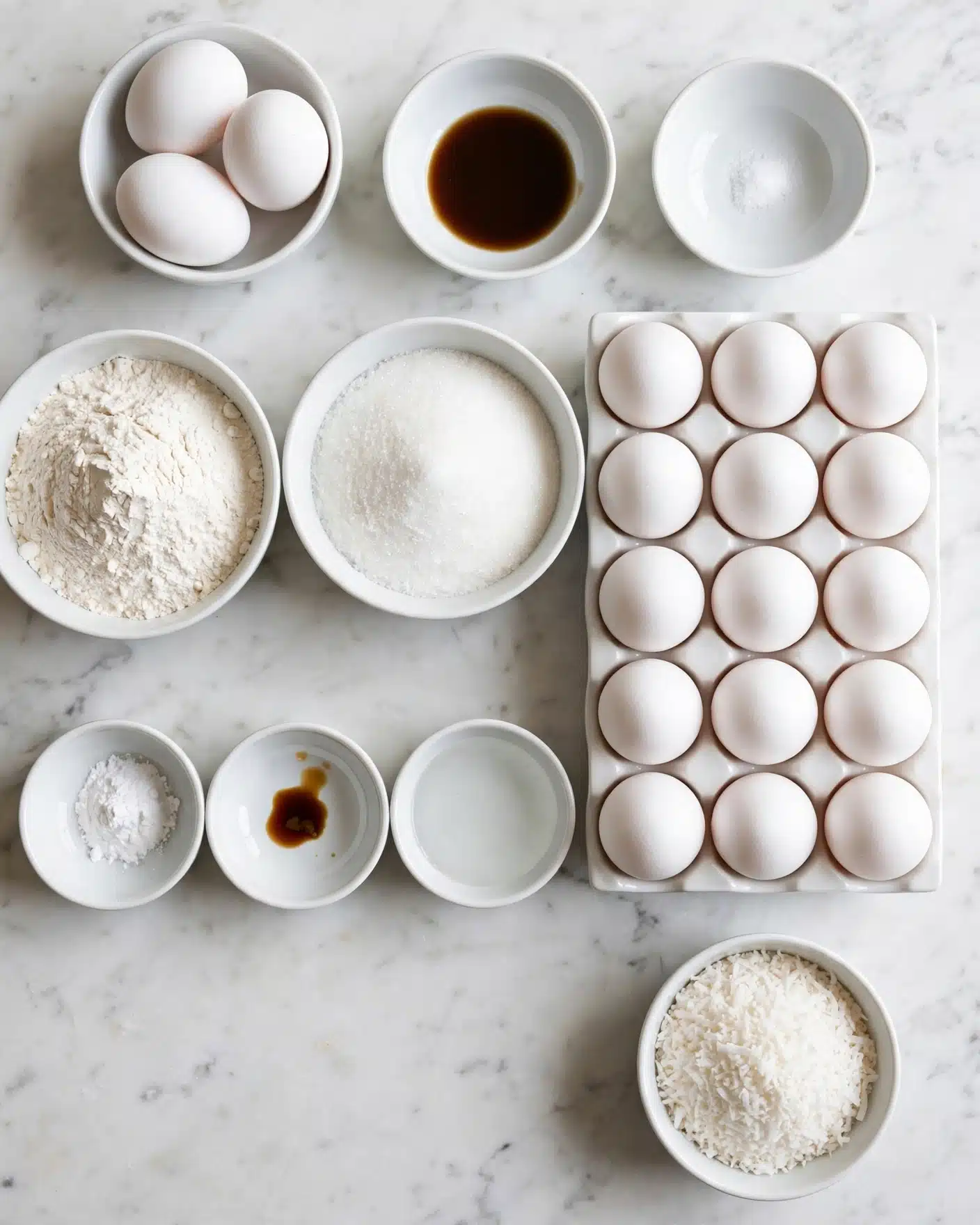 The image shows various baking ingredients arranged neatly on a white marbled surface. There are three white eggs in a small white bowl at the top, with a small white bowl of brown liquid and another small white bowl with a pinch of salt nearby. Below, a larger white bowl holds white flour, and next to it is a similarly sized white bowl filled with white sugar. In the center right, a white container holds about twenty white eggs stacked in two layers. At the bottom right, there is a white bowl filled with white coconut flakes. Small white bowls containing different amounts of white powder, a small amount of vanilla extract, and a small amount of clear liquid are placed around the middle area. Everything is arranged neatly on the clean white marbled background. photo taken with an iphone --ar 4:5 --v 7
