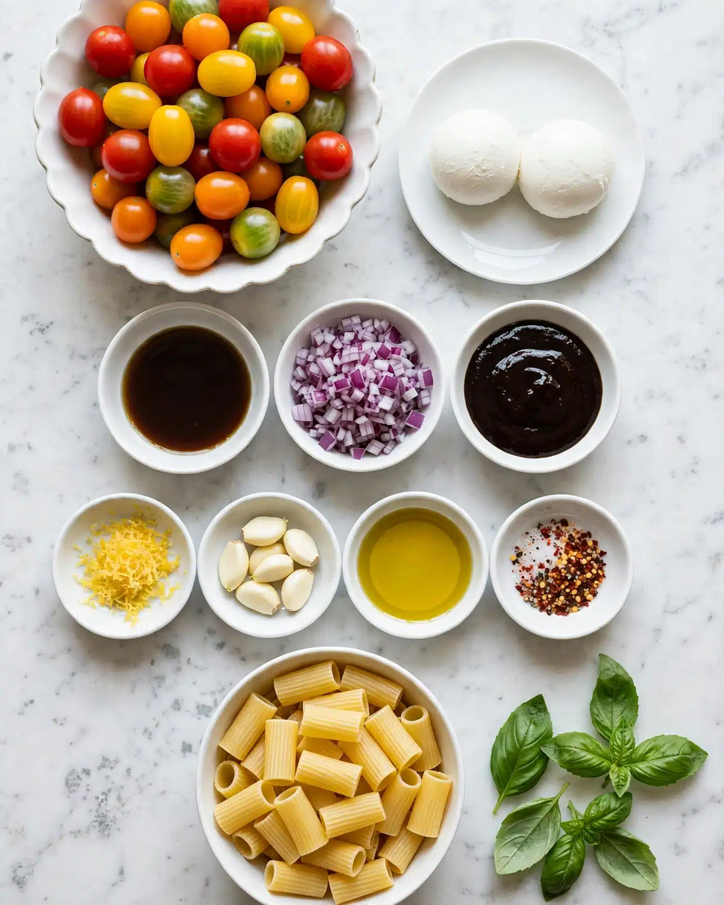 Pesto Pasta with Roasted Cherry Tomatoes and Burrata Recipe 4 The image shows a white scalloped bowl filled with a mix of red, yellow, orange, and green cherry tomatoes placed at the top left. To the right, there is a small white plate with two round balls of soft white cheese. Below the tomatoes, three small white bowls are arranged side by side; the left bowl contains a brown liquid, the middle one has finely chopped purple onions, and the right bowl holds a dark thick sauce. Below these, from left to right, there is a smaller white bowl with yellow zest, a white bowl holding peeled garlic cloves, and a white bowl with yellow olive oil. Next to the oil, there is another small white bowl containing salt, pepper flakes, and crushed red pepper. At the bottom center, a white round bowl is filled with rigatoni pasta. Fresh green basil leaves are placed on the bottom right corner on the white marbled surface. Everything is laid out neatly on a white marbled textured surface. Photo taken with an iphone --ar 4:5 --v 7