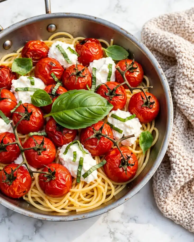 Pesto Pasta with Roasted Cherry Tomatoes and Burrata Recipe