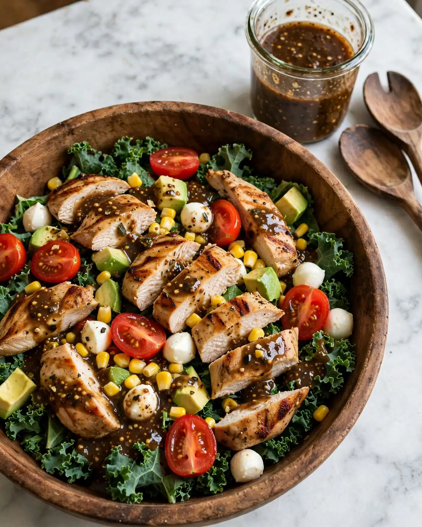 The image shows a wooden bowl filled with a colorful salad on a white marbled surface. The base layer is dark green kale leaves filling the bottom of the bowl. On top of the kale are slices of grilled chicken, light brown with grill marks, arranged throughout. Cherry tomato halves, bright red and juicy, are scattered evenly around the bowl. Small white mozzarella balls dot the salad. There are bright yellow corn pieces placed among the vegetables, providing pops of color. Light green avocado chunks are scattered across the dish. The salad is drizzled with a dark brown dressing containing visible seeds and small bits, pooling slightly on the ingredients. In the background, there is a clear glass container with more of the dressing and a pair of wooden salad spoons resting on the white marbled surface. Photo taken with an iphone --ar 4:5 --v 7