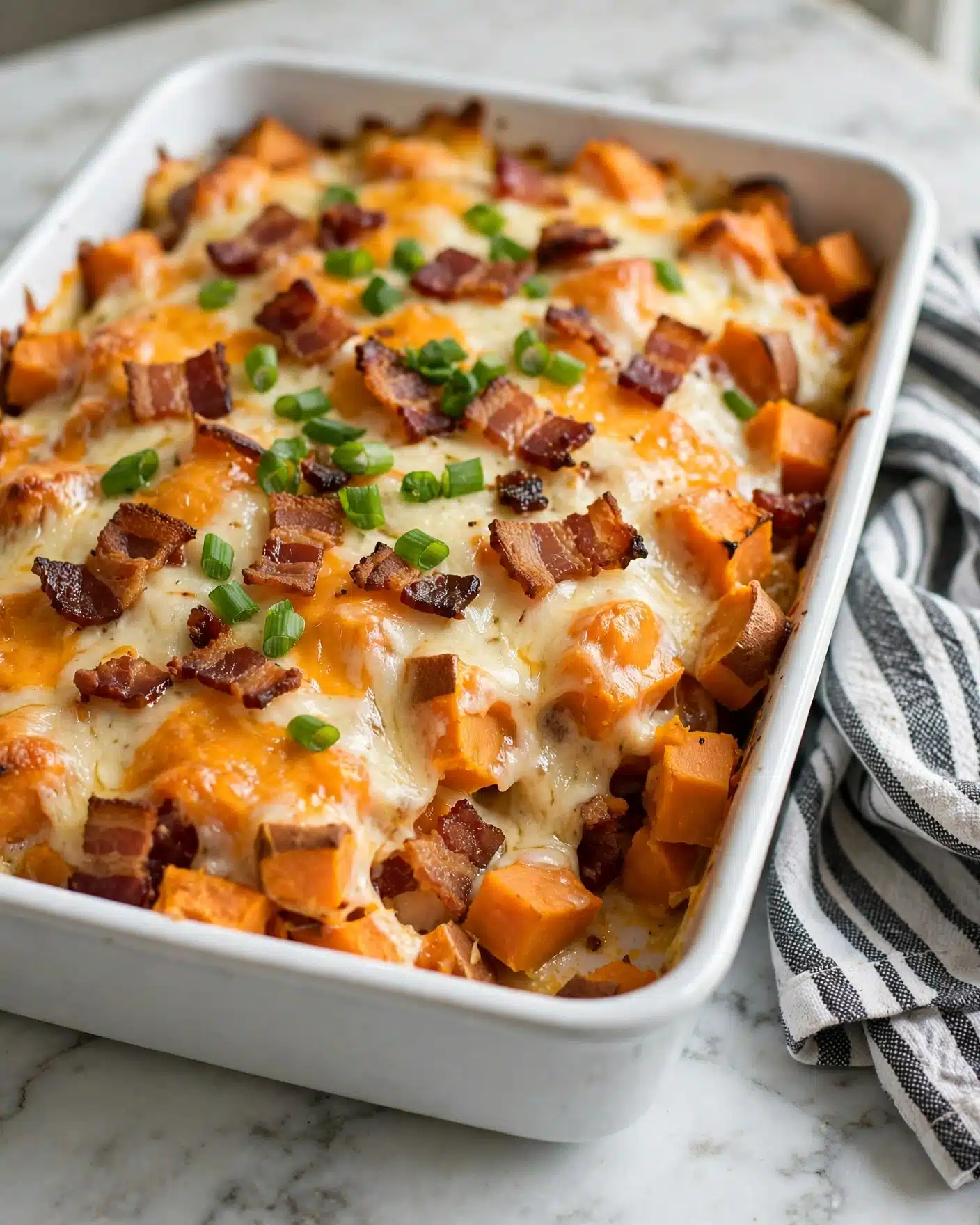 The dish shows a white rectangular baking dish filled with a baked casserole. The top layer is mixed with melted cream and orange cheese chunks, scattered browned small pieces of bacon, and chopped green onions on top. Underneath, soft, orange-colored roasted sweet potatoes can be seen mixed with the cheese and bacon pieces. The baking dish is placed on a white marbled surface with a black and white striped kitchen towel on the side. Photo taken with an iphone --ar 4:5 --v 7
