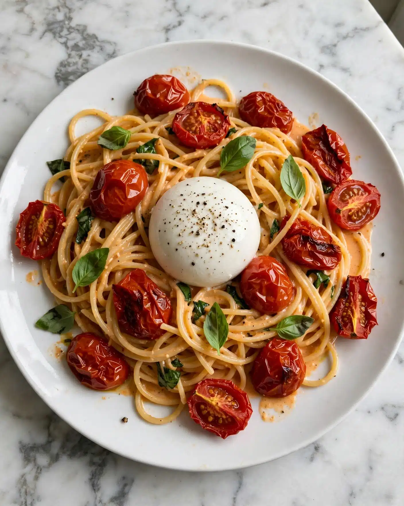 Pesto Pasta with Roasted Cherry Tomatoes and Burrata Recipe 5 A white plate holds a serving of spaghetti with a light orange sauce, mixed with whole and halved roasted tomatoes that are deep red and slightly wrinkled. Fresh green basil leaves are scattered throughout the pasta, adding a pop of color. In the center of the plate, there is a smooth, round ball of white burrata cheese, sprinkled with a light dusting of black pepper. The plate rests on a white marbled surface. photo taken with an iphone --ar 4:5 --v 7