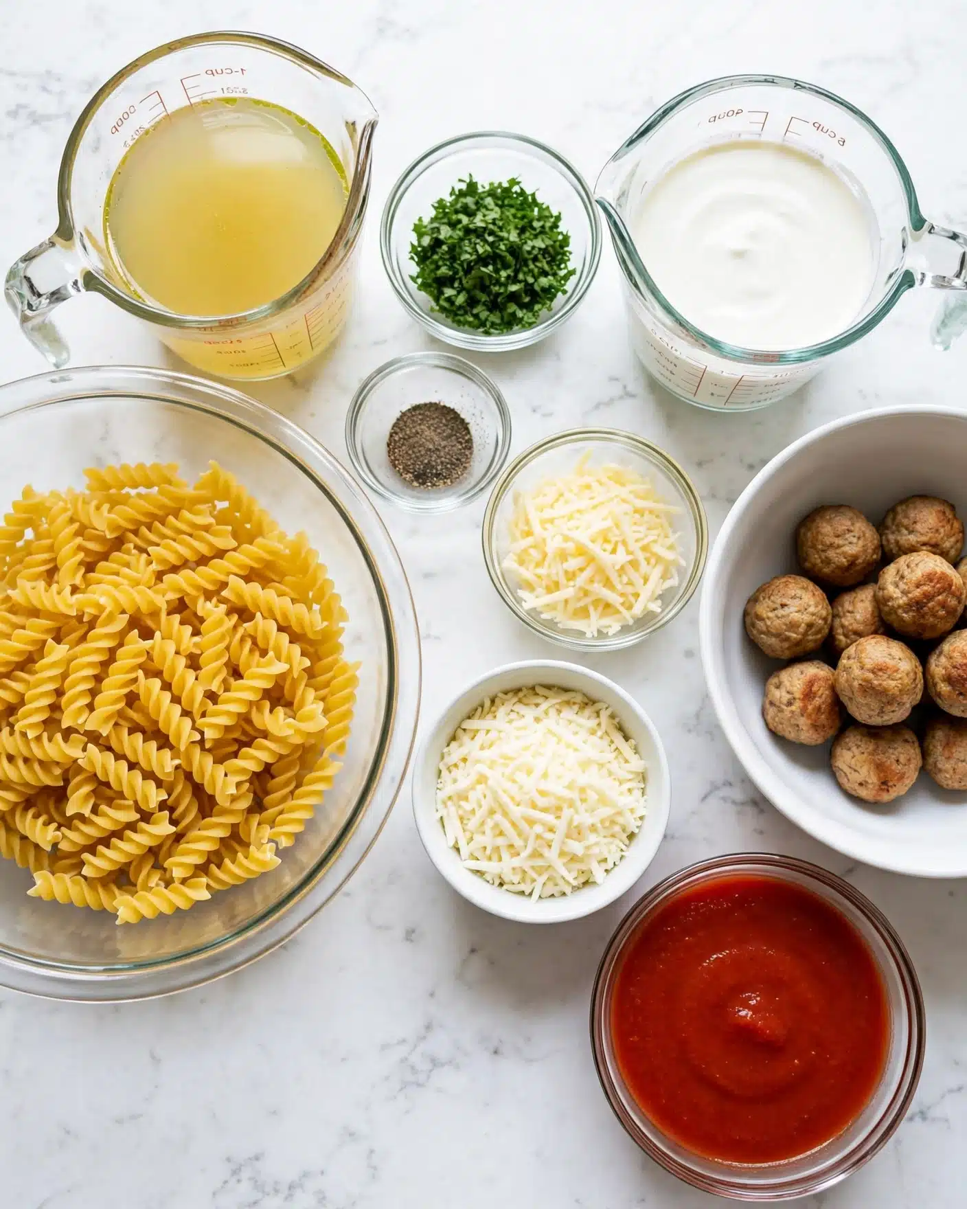 The image shows a white marbled surface with several clear and white bowls and a glass measuring cup filled with yellow broth arranged neatly. Starting from the left, there is a large clear bowl filled with uncooked yellow spiral pasta. Above it, a glass measuring cup contains a light yellow broth. Next to it is a small clear bowl with bright green chopped herbs. Beside that, there is a glass measuring cup filled with white cream. In the middle right side, a small clear bowl contains shredded pale yellow cheese, and below that is a white bowl filled with shredded white cheese. On the far right, a large white bowl holds small round golden brown meatballs. Below the meatballs, to the bottom right, is a clear bowl filled with bright red tomato sauce that looks smooth and rich. A small clear bowl of ground black pepper sits near the top center. The whole setting is bright and clean, with each ingredient clearly visible. photo taken with an iphone --ar 4:5 --v 7