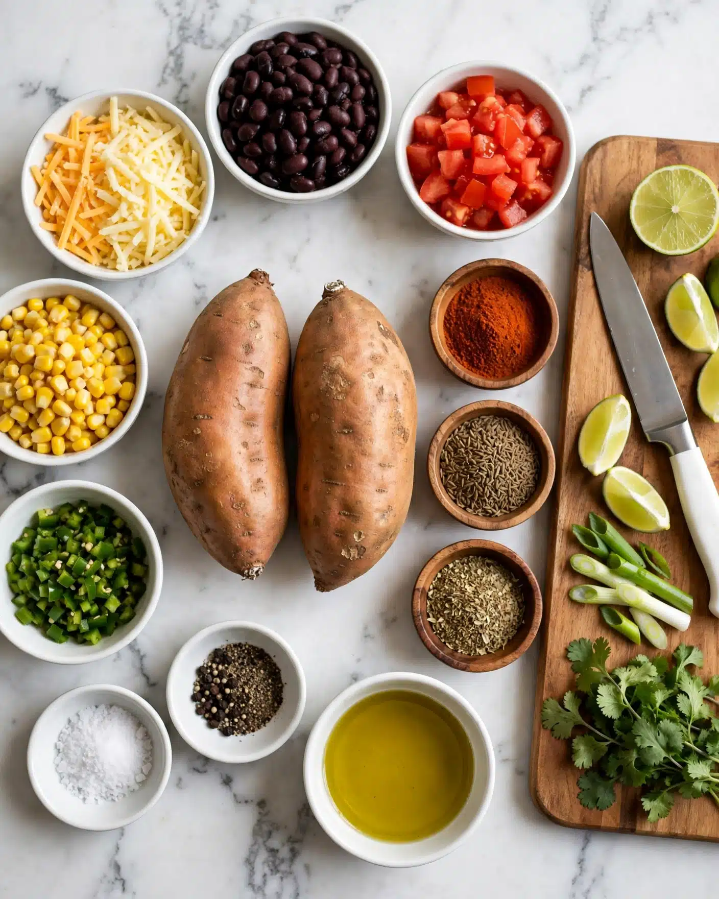 The image shows ingredients laid out on a white marbled surface. There are two sweet potatoes placed in the center. Around them, there are white bowls filled with shredded yellow cheese, cooked black beans, diced red tomatoes, cooked yellow corn, and green diced chilies. Small white bowls hold salt, black pepper, and olive oil. There are also small wooden bowls filled with chili powder, cumin, and another spice. On a wooden cutting board to the right, a knife with a white handle lies next to a halved lime, lime wedges, green onions, and fresh cilantro. Photo taken with an iphone --ar 4:5 --v 7