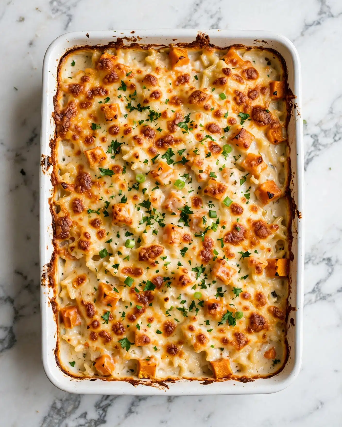 Creamy Chicken Cauliflower Casserole Recipe 5 The image shows a white rectangular baked dish filled with a golden-brown cheesy casserole. The top layer is melted cheese with browned spots, sprinkled with chopped green herbs and small green onion pieces. The casserole looks creamy with small chunks of a light orange ingredient mixed in. The edges of the dish have some baked-on browned bits, adding texture. The dish sits on a white marbled surface, and the photo was taken from above, capturing the whole dish clearly. photo taken with an iphone --ar 4:5 --v 7