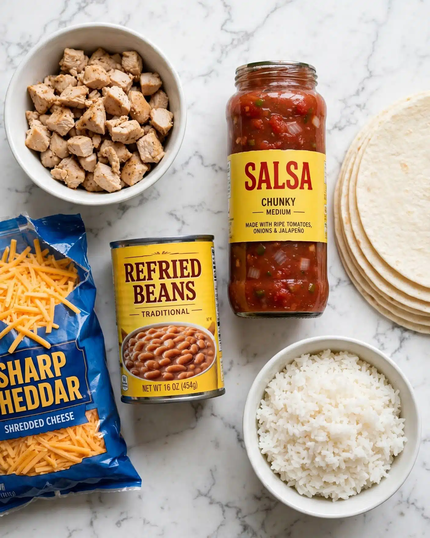 The image shows the ingredients for making a simple chicken wrap arranged on a white marbled surface. There is a white bowl filled with small pieces of cooked chicken on the top left, a white bowl with cooked white rice on the bottom right. Between the bowls, there is a yellow can of refried beans and a tall jar of chunky red salsa with a yellow label. On the right side, there is a stack of white flour tortillas. On the left, a blue bag of sharp cheddar shredded cheese is partially opened with some cheese visible inside. The items are neatly placed, ready for assembly. photo taken with an iphone --ar 4:5 --v 7