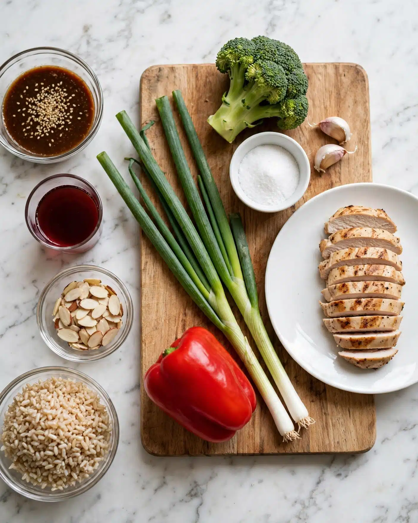 The image shows a wooden cutting board placed on a white marbled surface. On the board, there is a bright green broccoli head near the top right and several long green onions arranged diagonally across the middle. A large red bell pepper lies near the bottom center. Next to the board on the right, there is a white plate with several slices of grilled white meat arranged neatly. On the left side of the board, there are multiple clear glass bowls with different ingredients: cooked brown rice at the bottom, a dark brown sauce with sesame seeds in it at the top, sliced almonds below the rice, and a small glass cup with a dark reddish liquid. There is also a small white bowl with white powder and two garlic cloves near the top right of the board. Photo taken with an iphone --ar 4:5 --v 7