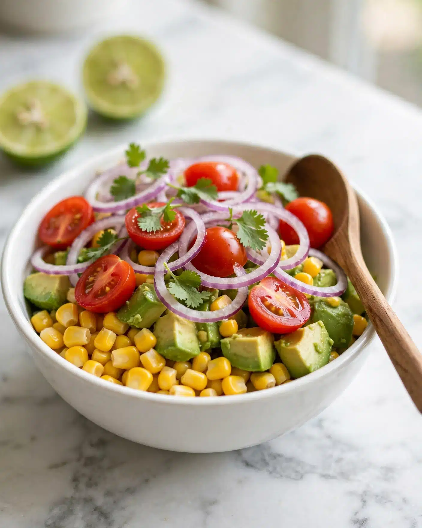 Corn, Tomato, and Avocado Chickpea Salad Recipe 5 A white bowl filled with a colorful salad showing four main layers: the bottom layer is bright yellow corn kernels, mixed with green avocado chunks that have a smooth texture; scattered on top are red cherry tomato halves adding a juicy shine, and thin rings of purple onion spread evenly for a slight crunch; sprinkled throughout are fresh green cilantro leaves for an extra color and freshness; a wooden spoon rests on the side of the bowl, and the background shows a white marbled surface with out-of-focus lime halves nearby; photo taken with an iphone --ar 4:5 --v 7