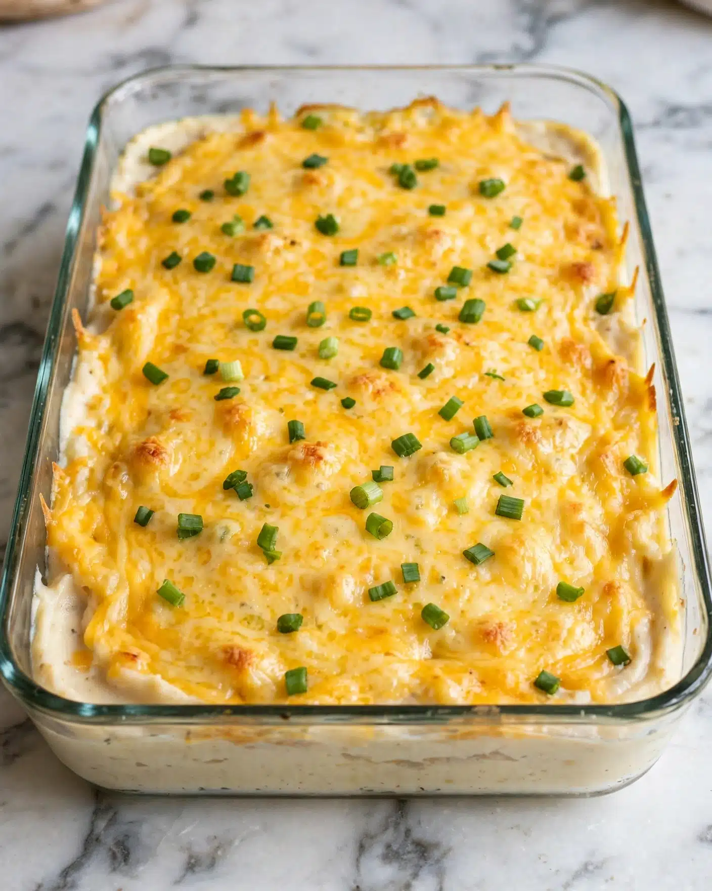 A rectangular glass baking dish filled with a layered casserole. The bottom layer is creamy and thick, topped with a dense layer of melted golden yellow cheese mixed evenly throughout. Scattered on top are small pieces of fresh green chopped scallions adding a bright contrast. The dish is on a white marbled surface. photo taken with an iphone --ar 4:5 --v 7