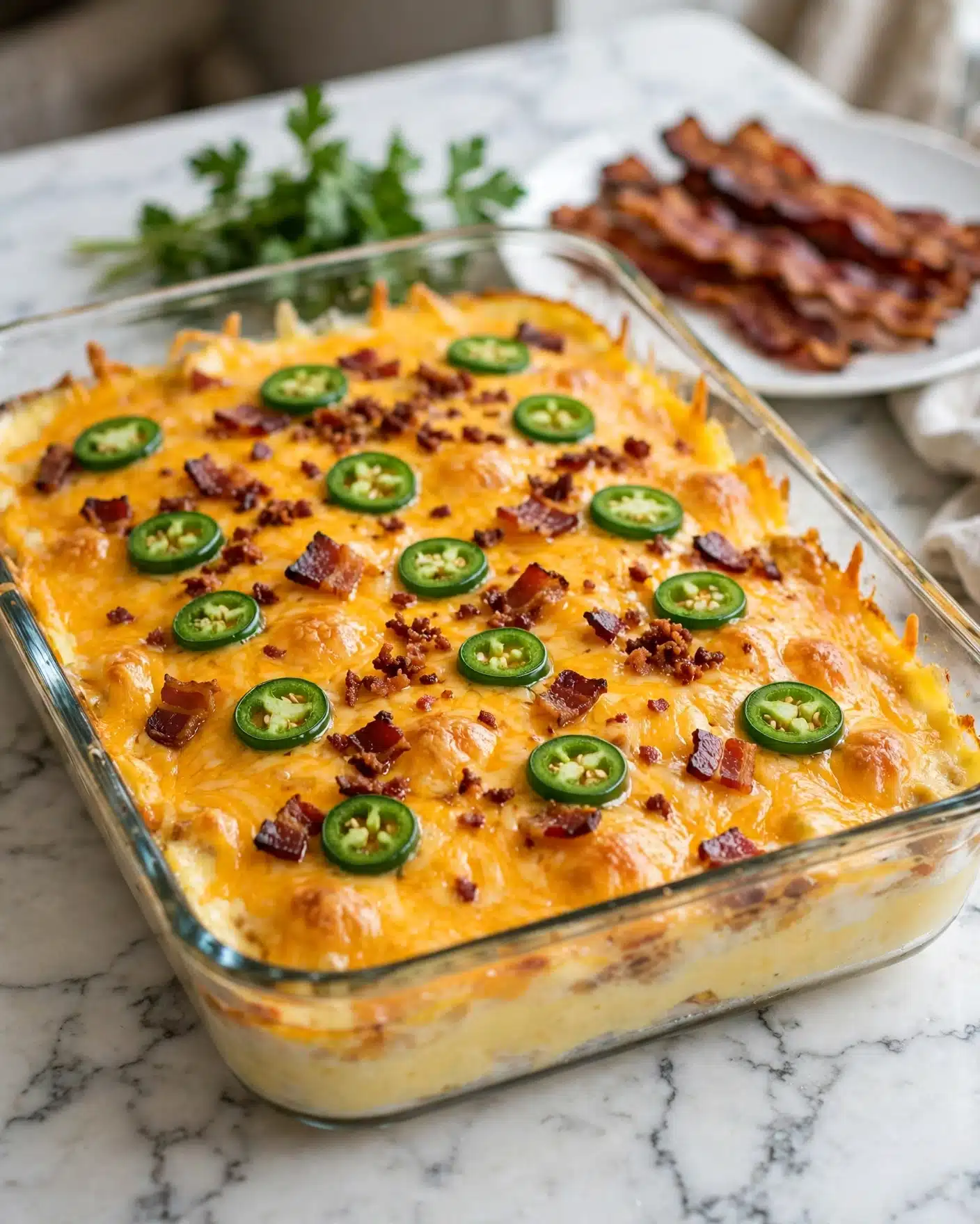 The dish is in a clear glass baking dish with a white marbled surface underneath. It has several layers starting with a creamy yellow base topped with melted golden cheddar cheese spread evenly. Scattered on top are small pieces of crispy bacon that add a reddish-brown texture. Thin slices of green jalapeño peppers are placed evenly on the surface, giving bright green color contrast. In the background on a white plate, there are extra crispy bacon strips. There is some fresh green parsley or cilantro behind the glass dish. photo taken with an iphone --ar 4:5 --v 7