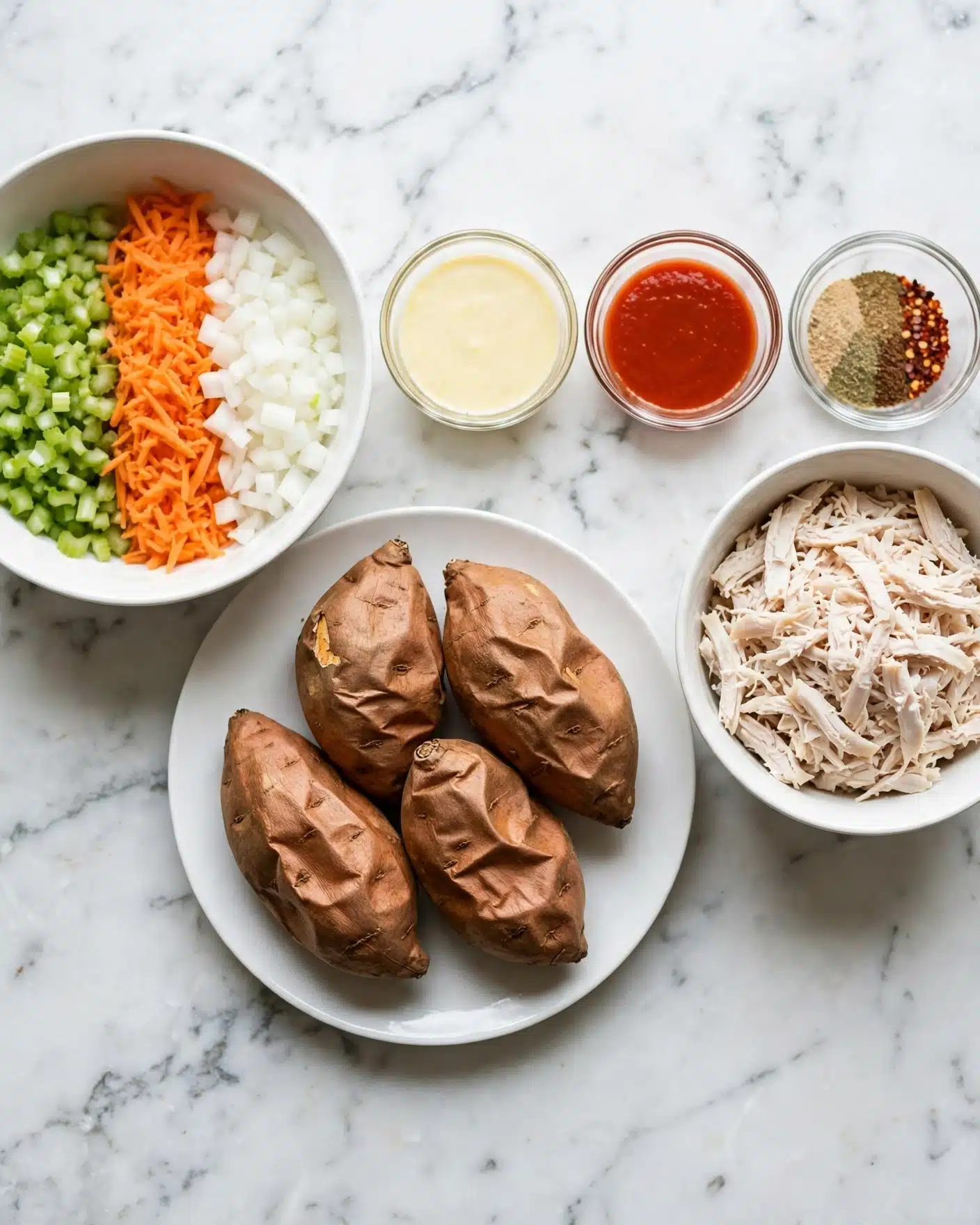 The image shows a white plate holding four baked sweet potatoes with brown, slightly wrinkled skins, arranged close to each other. To the right of the plate, there is a white bowl filled with shredded pale chicken meat. Above this bowl are three small glass bowls: one with a light yellow creamy sauce, one with a smooth bright red sauce, and one with several ground spices in colors of light beige, green, dark brown, and red. To the left, there is another white bowl with finely chopped celery, orange shredded carrots, and diced white onions, all layered side by side. The background surface is a white marbled texture. Photo taken with an iphone --ar 4:5 --v 7